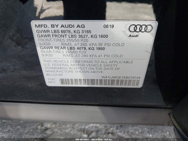 Продаж на аукціоні авто 2019 Audi E-tron Premium Plus, vin: WA1LABGE1KB018144, номер лоту: 46104211