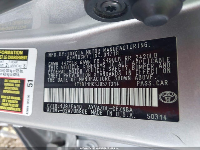 46104212 :رقم المزاد ، 4T1B11HK5JU571314 vin ، 2018 Toyota Camry Le مزاد بيع