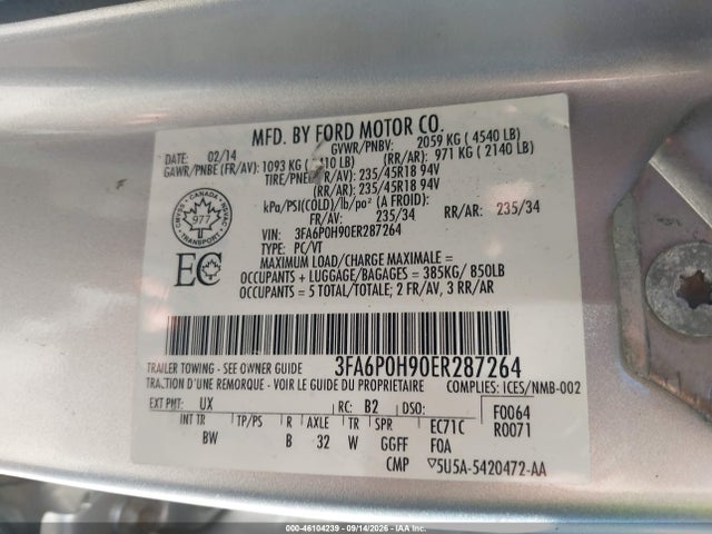 46104239 :رقم المزاد ، 3FA6P0H90ER287264 vin ، 2014 Ford Fusion Se مزاد بيع