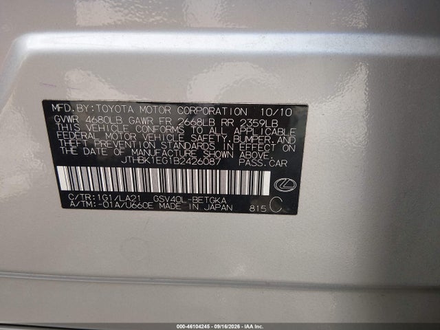 Продажа на аукционе авто 2011 Lexus Es 350, vin: JTHBK1EG1B2426087, номер лота: 46104245