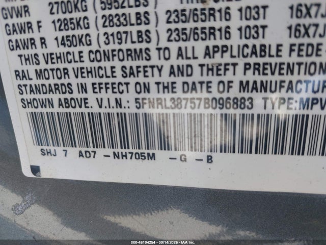 46104254 :رقم المزاد ، 5FNRL38757B096883 vin ، 2007 Honda Odyssey Ex-l مزاد بيع