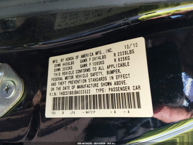 Aukcja sprzedaży 2011 Honda Accord 2.4 Ex-l, vin: 1HGCS1B80BA005522, numer aukcji: 46104258
