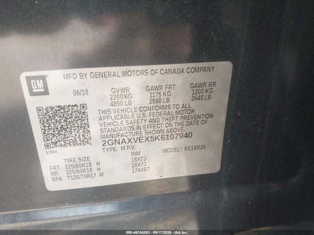 Aukcja sprzedaży 2019 Chevrolet Equinox Lt, vin: 2GNAXVEX5K6107940, numer aukcji: 46104263