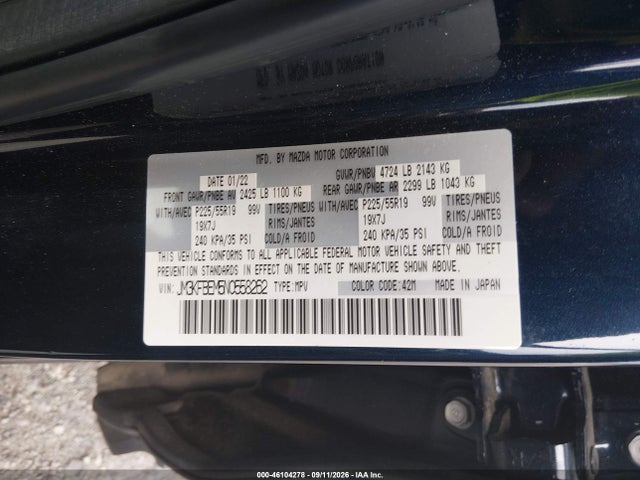 2022 Mazda Cx-5 2.5 S Premium Plus მანქანა იყიდება აუქციონზე, vin: JM3KFBEM5N0558262, აუქციონის ნომერი: 46104278