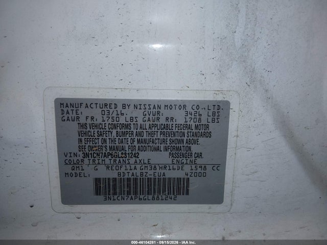 Aukcja sprzedaży 2016 Nissan Versa 1.6 S/1.6 S+/1.6 Sl/1.6 Sv, vin: 3N1CN7AP6GL881242, numer aukcji: 46104281