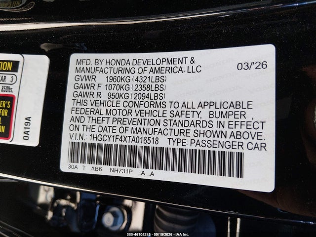 Продаж на аукціоні авто 2026 Honda Accord Se, vin: 1HGCY1F4XTA016518, номер лоту: 46104285