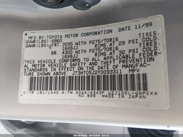 46104288 :رقم المزاد ، JT3HT05J2Y0093311 vin ، 2000 Toyota Land Cruiser مزاد بيع