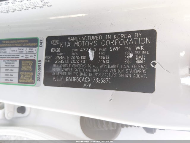 2020 Kia Sportage S მანქანა იყიდება აუქციონზე, vin: KNDP6CACXL7825871, აუქციონის ნომერი: 46104292