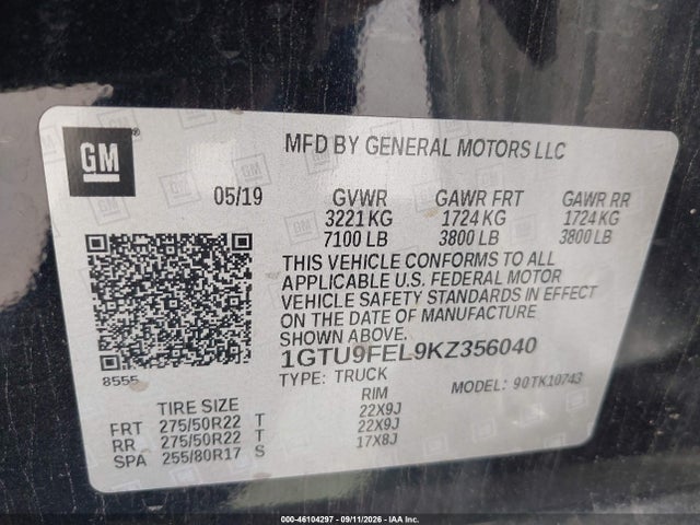 Aukcja sprzedaży 2019 Gmc Sierra 1500 Denali, vin: 1GTU9FEL9KZ356040, numer aukcji: 46104297