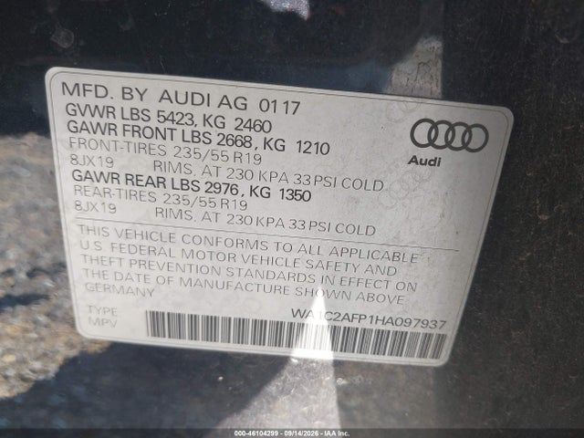 Auction sale of the 2017 Audi Q5 2.0t Premium, vin: WA1C2AFP1HA097937, lot number: 46104299