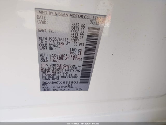 Продажа на аукционе авто 2013 Nissan Pathfinder S, vin: 5N1AR2MM7DC635803, номер лота: 46104309