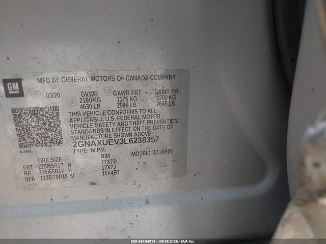 Aukcja sprzedaży 2020 Chevrolet Equinox Awd Lt 1.5l Turbo, vin: 2GNAXUEV3L6238357, numer aukcji: 46104313