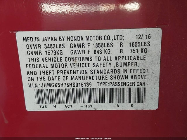 JHMGK5H78HS015139 Honda FIT EX