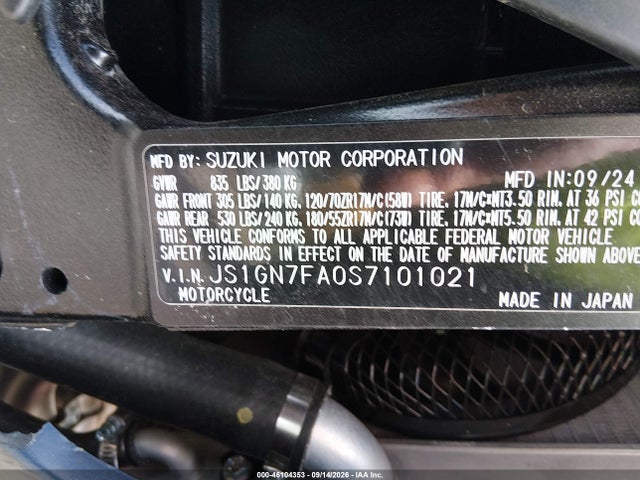 2025 Suzuki Gsx-r600 მანქანა იყიდება აუქციონზე, vin: JS1GN7FA0S7101021, აუქციონის ნომერი: 46104353