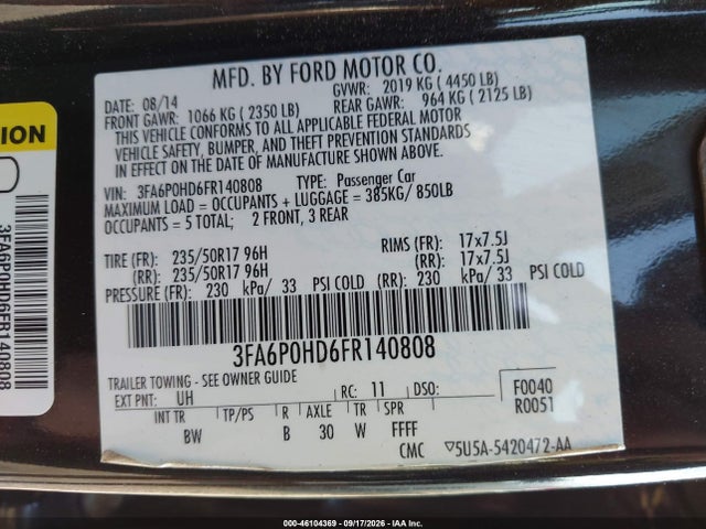 Ford FUSION SE 2015 3FA6P0HD6FR140808 Image 9