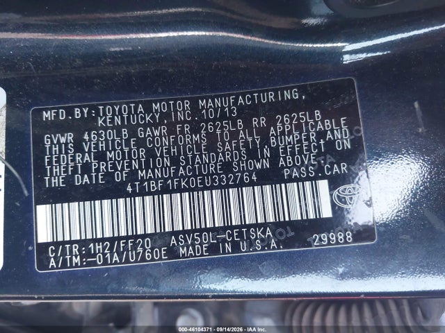 2014 Toyota Camry Se მანქანა იყიდება აუქციონზე, vin: 4T1BF1FK0EU332764, აუქციონის ნომერი: 46104371