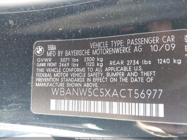 Aukcja sprzedaży 2010 Bmw 550i, vin: WBANW5C5XACT56977, numer aukcji: 46104376