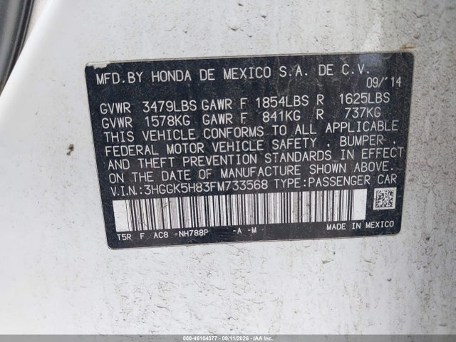 46104377 :رقم المزاد ، 3HGGK5H83FM733568 vin ، 2015 Honda Fit Ex/ex-l مزاد بيع