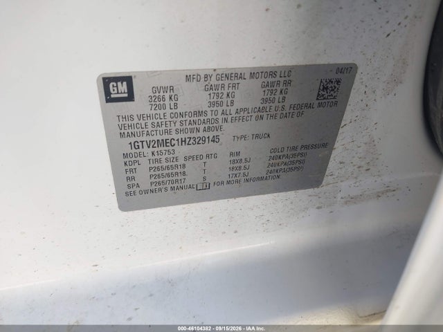 Продаж на аукціоні авто 2017 Gmc Sierra 1500 Sle, vin: 1GTV2MEC1HZ329145, номер лоту: 46104382