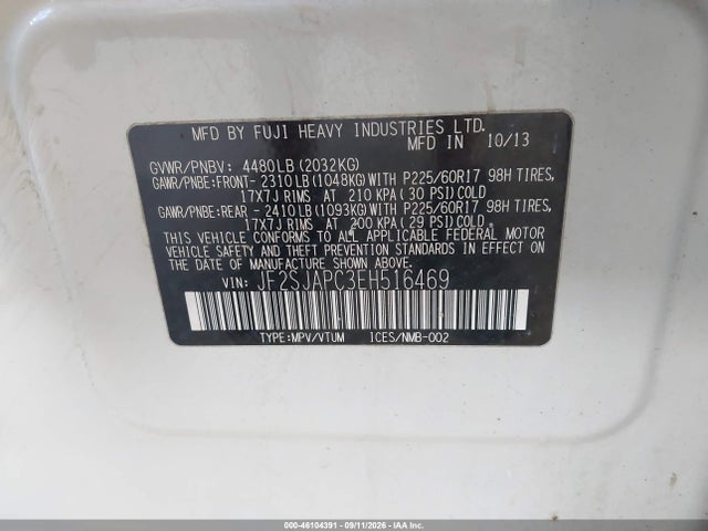 46104391 :رقم المزاد ، JF2SJAPC3EH516469 vin ، 2014 Subaru Forester 2.5i Touring مزاد بيع