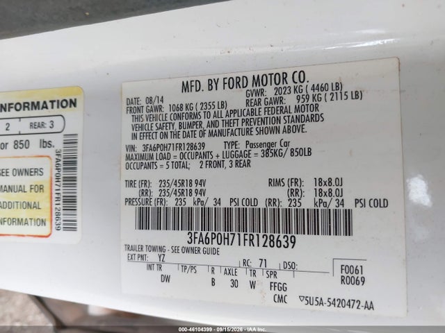 Ford FUSION SE 2015 3FA6P0H71FR128639 Image 9