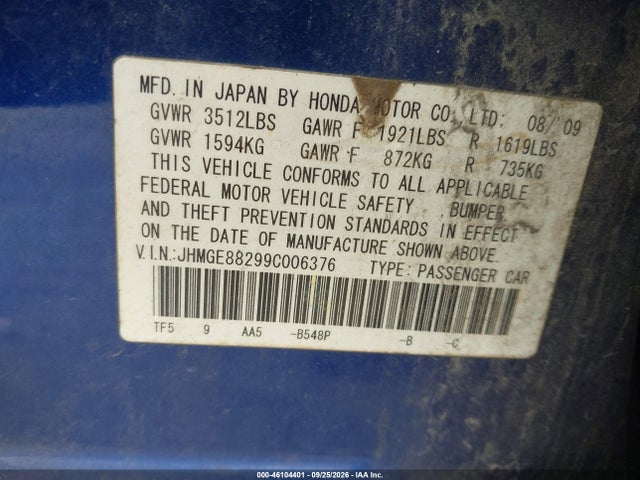 Продаж на аукціоні авто 2009 Honda Fit, vin: JHMGE88299C006376, номер лоту: 46104401