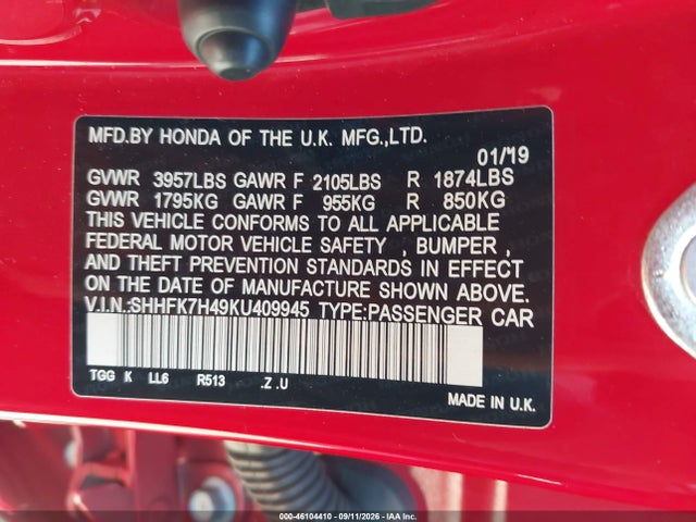 2019 Honda Civic Sport მანქანა იყიდება აუქციონზე, vin: SHHFK7H49KU409945, აუქციონის ნომერი: 46104410
