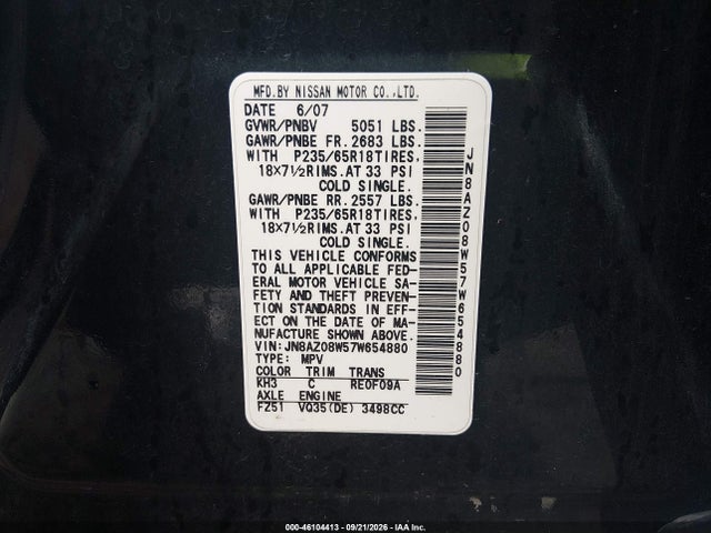 Aukcja sprzedaży 2007 Nissan Murano Sl, vin: JN8AZ08W57W654880, numer aukcji: 46104413