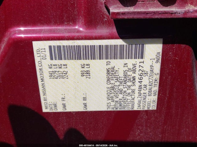 46104414 :رقم المزاد ، 1N4AL2AP4BN466271 vin ، 2011 Nissan Altima 2.5 S مزاد بيع