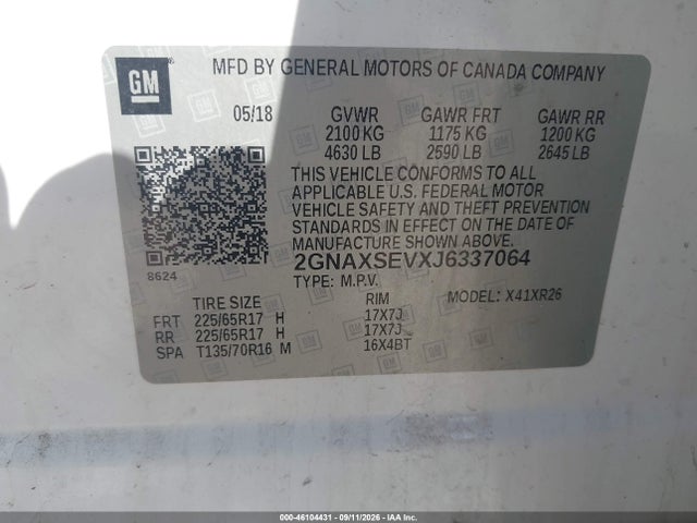 46104431 :رقم المزاد ، 2GNAXSEVXJ6337064 vin ، 2018 Chevrolet Equinox Lt مزاد بيع