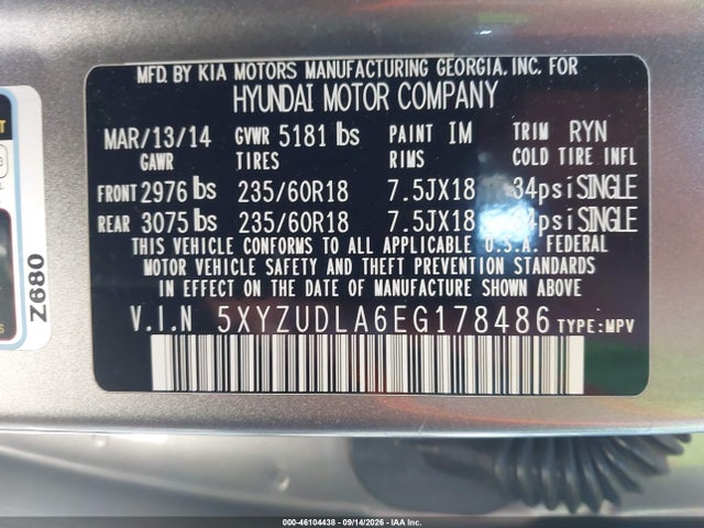Продажа на аукционе авто 2014 Hyundai Santa Fe Sport 2.0l Turbo, vin: 5XYZUDLA6EG178486, номер лота: 46104438