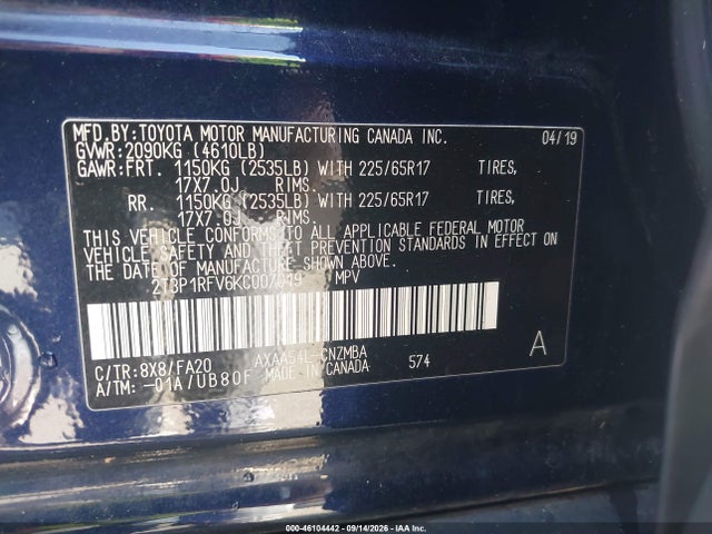 2019 Toyota Rav4 Xle მანქანა იყიდება აუქციონზე, vin: 2T3P1RFV6KC007019, აუქციონის ნომერი: 46104442