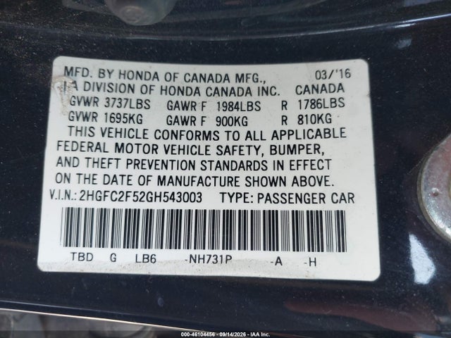 Honda Civic Lx 2016 2HGFC2F52GH543003 Image 9