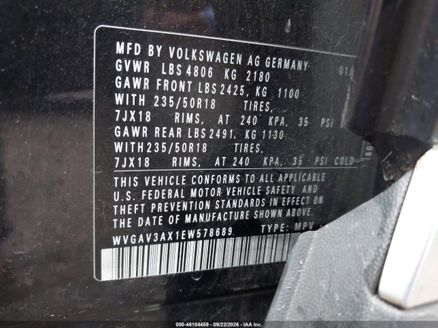 Продажа на аукционе авто 2014 Volkswagen Tiguan Se, vin: WVGAV3AX1EW578689, номер лота: 46104459