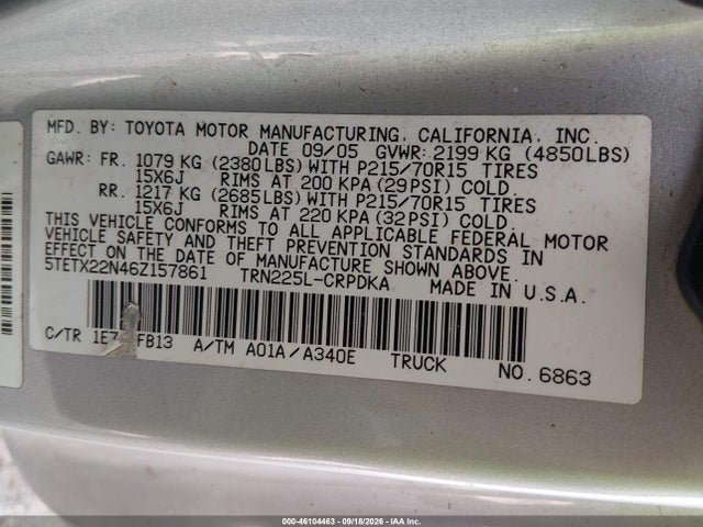Aukcja sprzedaży 2006 Toyota Tacoma, vin: 5TETX22N46Z157861, numer aukcji: 46104463