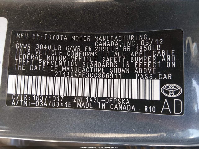 2012 Toyota Corolla S მანქანა იყიდება აუქციონზე, vin: 2T1BU4EE3CC866911, აუქციონის ნომერი: 46104465