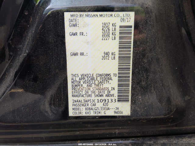 Aukcja sprzedaży 2018 Nissan Altima 2.5 S, vin: 1N4AL3AP5JC109133, numer aukcji: 46104466