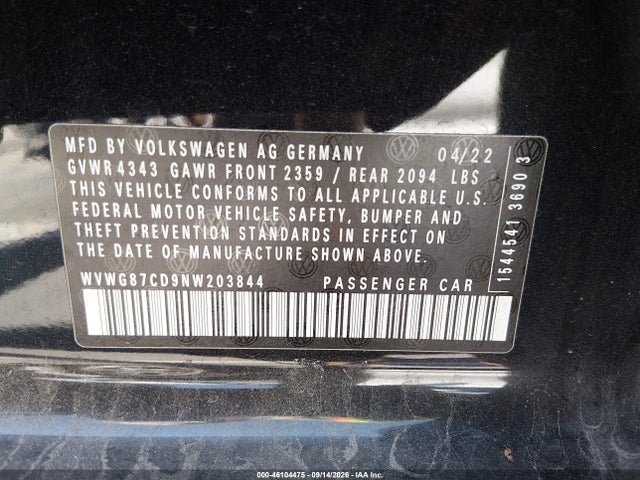 Aukcja sprzedaży 2022 Volkswagen Golf Gti 2.0t S, vin: WVWG87CD9NW203844, numer aukcji: 46104475