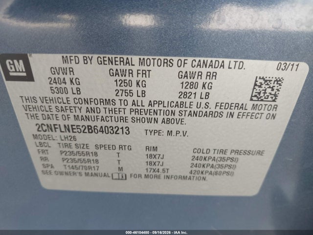 2011 Chevrolet Equinox 2lt მანქანა იყიდება აუქციონზე, vin: 2CNFLNE52B6403213, აუქციონის ნომერი: 46104480