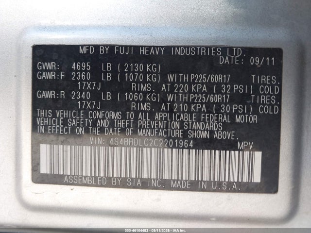 2012 Subaru Outback 3.6r Limited მანქანა იყიდება აუქციონზე, vin: 4S4BRDLC2C2201964, აუქციონის ნომერი: 46104483