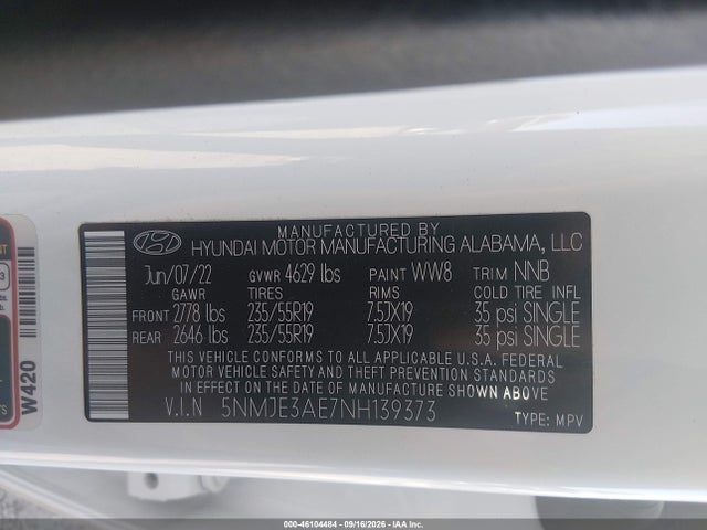 Aukcja sprzedaży 2022 Hyundai Tucson Limited, vin: 5NMJE3AE7NH139373, numer aukcji: 46104484