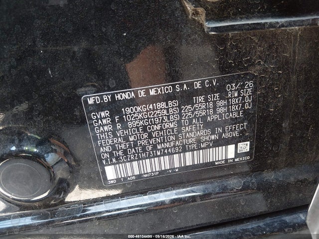 Aukcja sprzedaży 2026 Honda Hr-v 2wd Ex-l, vin: 3CZRZ1H73TM744692, numer aukcji: 46104495