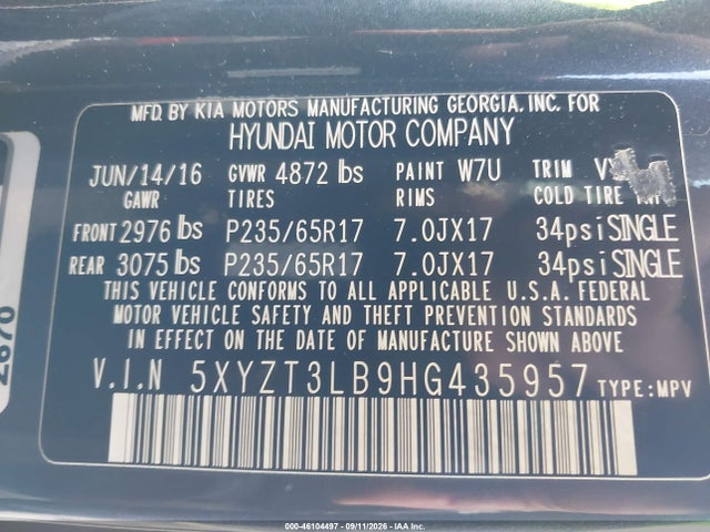46104497 :رقم المزاد ، 5XYZT3LB9HG435957 vin ، 2017 Hyundai Santa Fe Sport 2.4l مزاد بيع