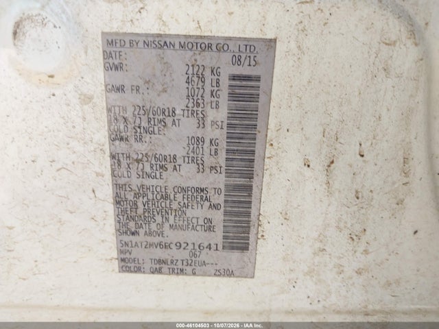 Aukcja sprzedaży 2015 Nissan Rogue Sl, vin: 5N1AT2MV6FC921641, numer aukcji: 46104503