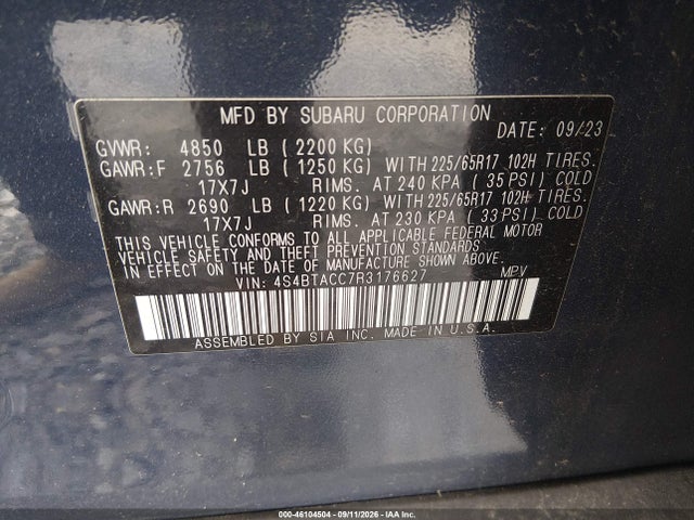 2024 Subaru Outback Premium მანქანა იყიდება აუქციონზე, vin: 4S4BTACC7R3176627, აუქციონის ნომერი: 46104504