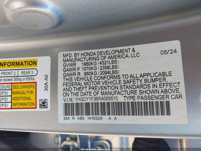 2024 Honda Accord Ex მანქანა იყიდება აუქციონზე, vin: 1HGCY1F36RA069510, აუქციონის ნომერი: 46104506