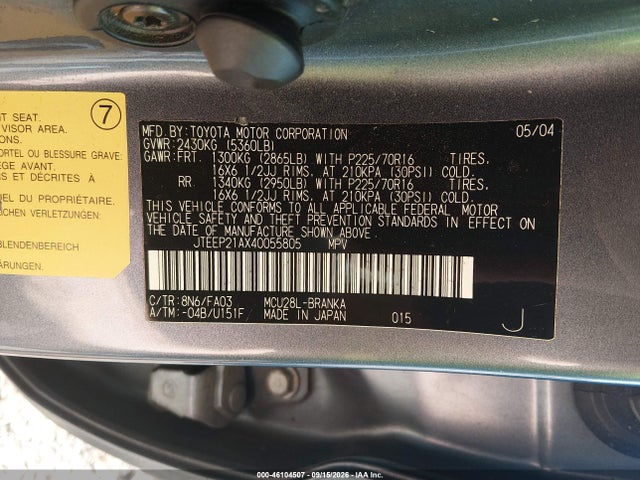 46104507 :رقم المزاد ، JTEEP21AX40055805 vin ، 2004 Toyota Highlander V6 مزاد بيع
