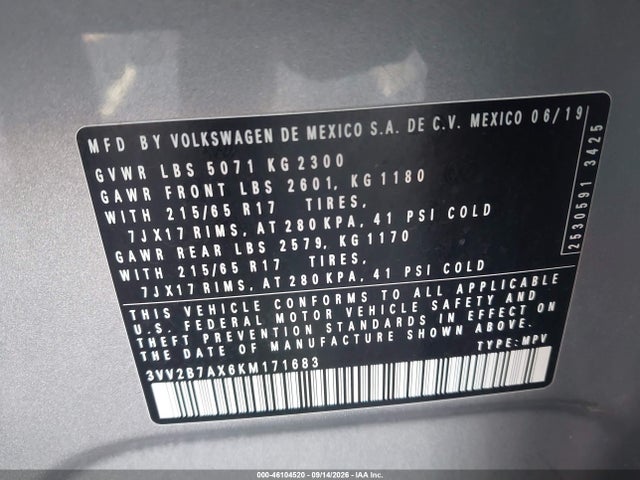 2019 Volkswagen Tiguan 2.0t Se/2.0t Sel/2.0t Sel R-line/2.0t Sel R-line Black მანქანა იყიდება აუქციონზე, vin: 3VV2B7AX6KM171683, აუქციონის ნომერი: 46104520