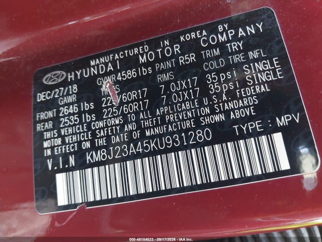 Aukcja sprzedaży 2019 Hyundai Tucson Se, vin: KM8J23A45KU931280, numer aukcji: 46104523