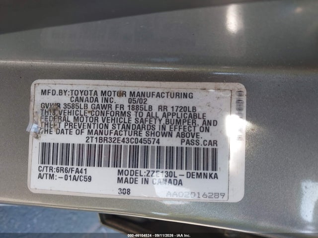 Продаж на аукціоні авто 2003 Toyota Corolla Le, vin: 2T1BR32E43C045574, номер лоту: 46104524